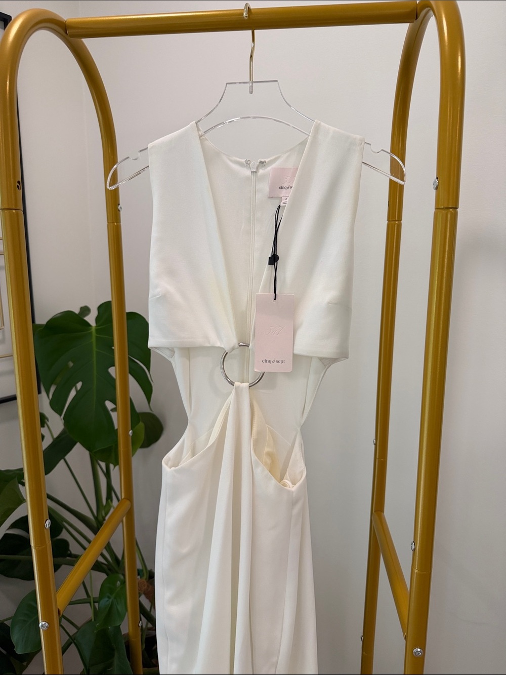 cinq a sept White Backless Ring-Front Cutout Dress